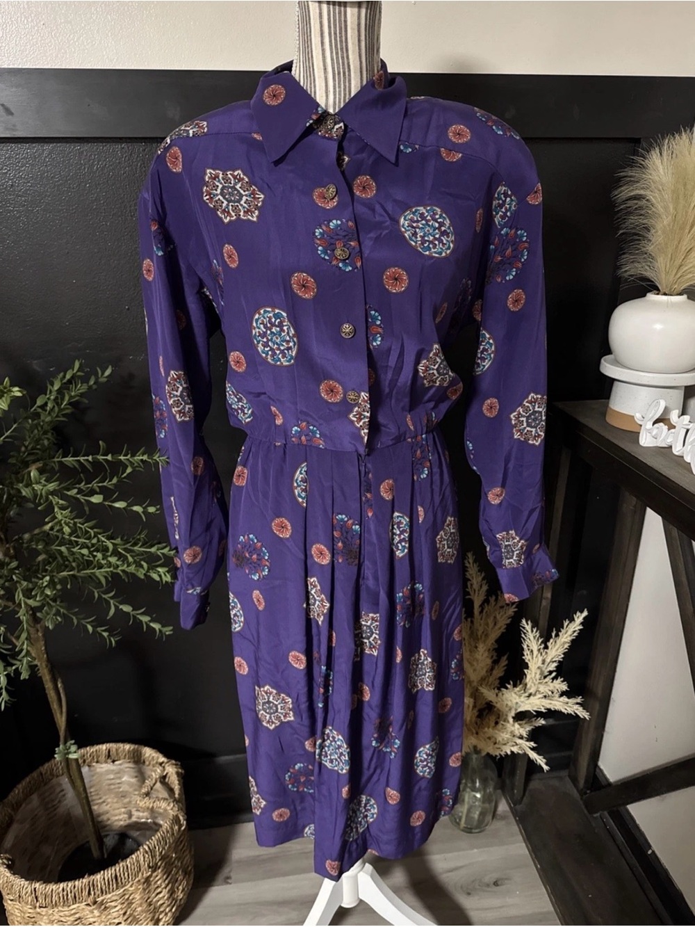 Vtg Liz Claiborne Dress 100% Silk LS Purple Boho Grannycore Collared Sz 10 Med
